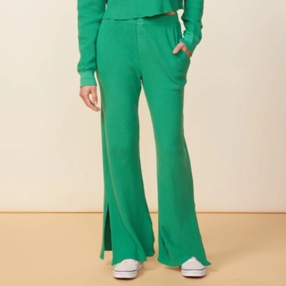 NWT Monrow Thermal Wide Leg Slit Side Pants Clover - Picture 1 of 9